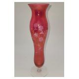Etched cranberry glass vase