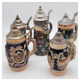 Five German lidded beer steins