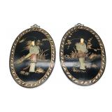 Pair oval laquered Asian wall plaques