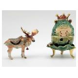Metal enameled trinket boxes moose and frog