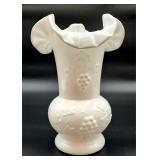 Milk glass ruffled vase grape design