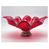 Large hand blown serving Bowl on silver metal base