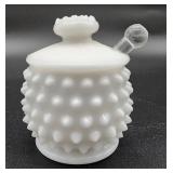 Opalescent milk glass hobnail honey jar