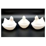 Three Hazel Atlas milk glass hen on nest