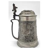German pewter lidded stein w stag handle