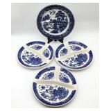 4 divided blue willow dinner plates