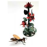 Metalware toleware rose candleholder and a wasp