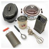 Vintage kitchen lot mixer sifter roaster etc.