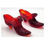 Two Fenton Ruby glass shoes