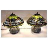 Pair short leaded stained glass dragionfly lamps