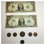 Indian head,wheat,1963 B dollar bills