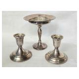 Weighted sterling candleholders & compote as found
