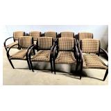 9 wood framed stacking chairs