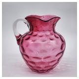 Hand blown cranberry thumb print water pitcher