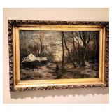 Antique landscape oil painting in ornate frame