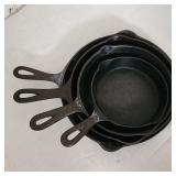 3 vintage graduated cast iron frying pans