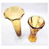 Amber glass coin & etched vases