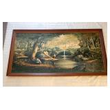 Large vintage print boy fishing at the tlriver