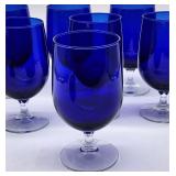 eight cobalt water glasses w clear stems