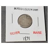 SILVER Rare 1891 Seated Liberty Dime SILVER Rare 1891 Seated Liberty Dime