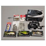 fishing reel, lures, & fish hooks