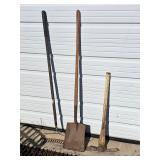 yard tools, rake, shovel, pick