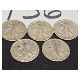 5 - silver walking liberty half dollars