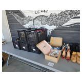 6 baskets of shoes & a couple of purses