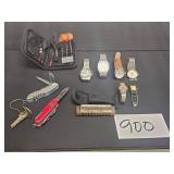knives, watches, harmonica, darts