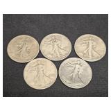 5 - silver walking liberty half dollars