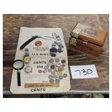 foreign coins, money bag, watches, collectibles