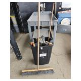 7 broomheads, broom, & trash can
