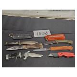 Old folding knives and 1 straight blade knife