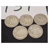 5 - SILVER Walking Liberty Half Dollars
