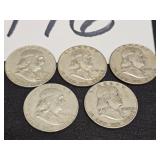 5 - Silver Benjamin Franklin Half Dollars