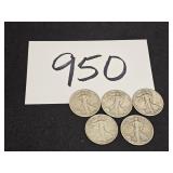 5 - Silver Walking Liberty half dollars