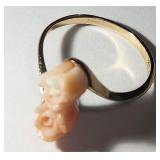 14k yg HAND CARVED ROSE CORAL Ring. c.1950