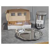 plastic ware, trash can, platter