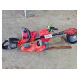 corded weed eater, hedge trimmer, & 2 gas cans