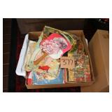 A box- Vintage paper fan, toys, music, etc