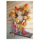 Fall wreath, Cardinal statue, & a Xmas bird house