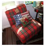 Red and green plaid chair and pillows