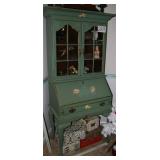 secretary desk features a glass-paneled hutch top
