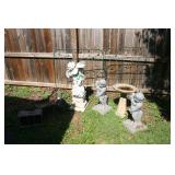 3 Concrete statues, birdbath, and bird houses