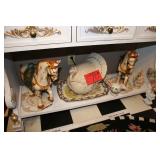 Two statue horses, Turkey cookie jar, and Tray
