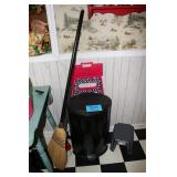 Trash can, two stools, broom
