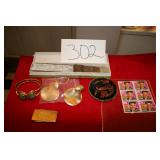 Decorative fan in box, compact, stamps, earring