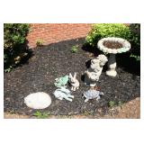 Concrete bird bath, cherub, rabbits, turtle, frog