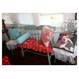Teal bench, two wrought iron chairs, & cushions