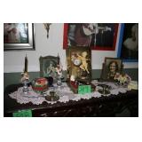 Table cherub clock, framed pictures, candle & more